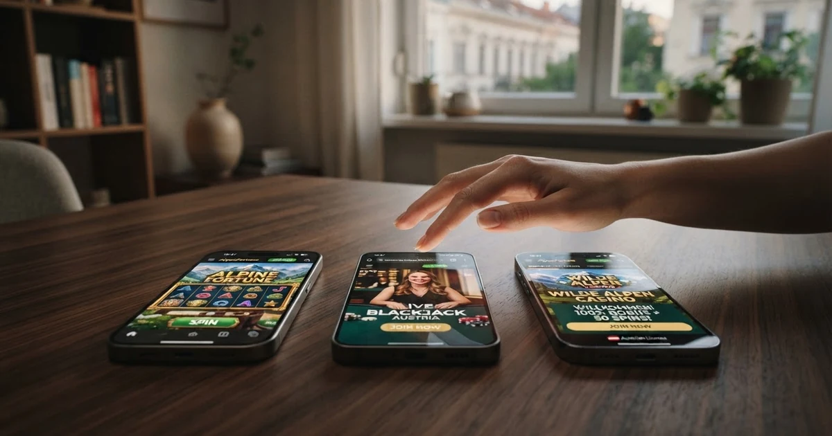Drei verschiedene Startbildschirme unbekannter Online Casinos mit Bonus-Bannern und Spielvorschauen