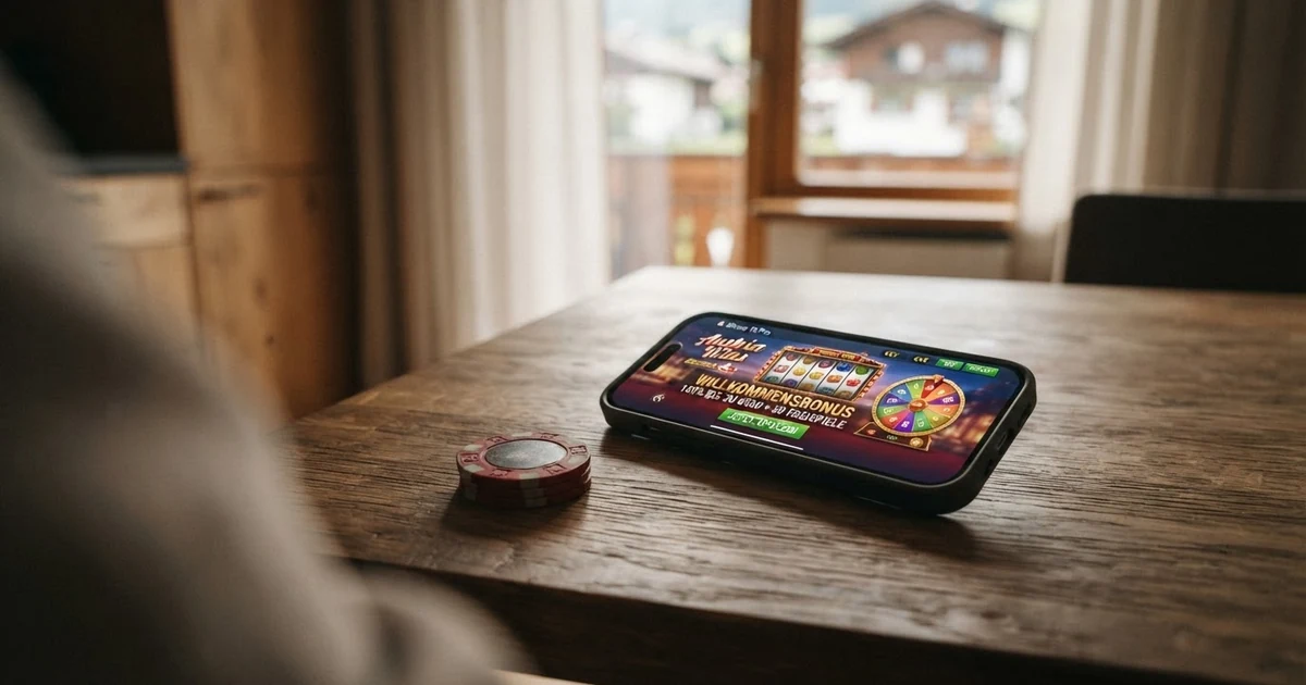 Ein Stapel Casino-Chips neben einem Smartphone, auf dessen Bildschirm ein Willkommensbonus-Angebot eines Online Casinos zu sehen ist