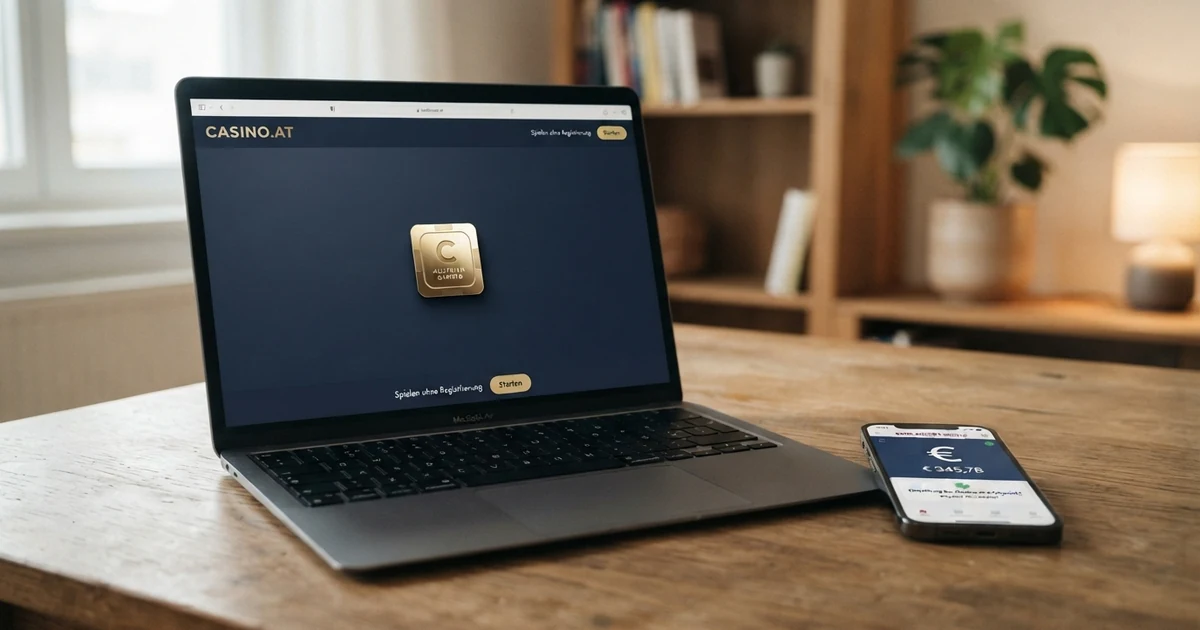 Ein geöffneter Laptop zeigt eine Casino-Website mit Trustly-Logo, daneben ein Smartphone mit einer Banking-App — visualisiert das Pay-N-Play-Prinzip: Casino trifft Bank