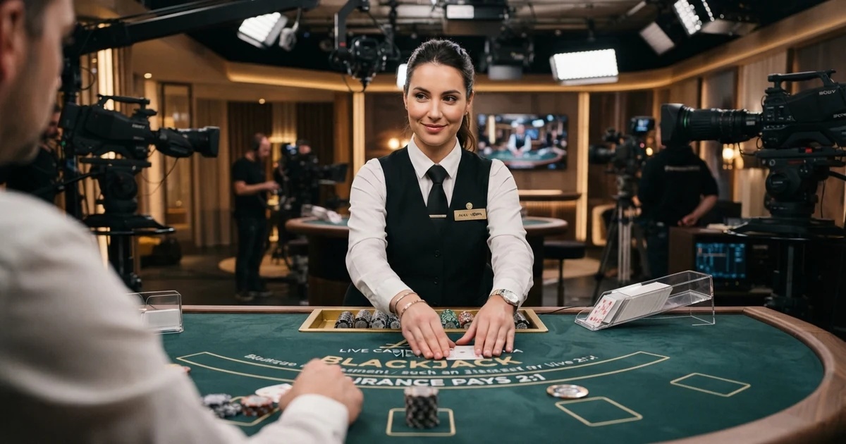 Ein professionelles Live-Dealer-Studio mit Croupier an einem Blackjack-Tisch, umgeben von HD-Kameras und Studio-Beleuchtung, das Spiel per Echtzeit-Stream überträgt