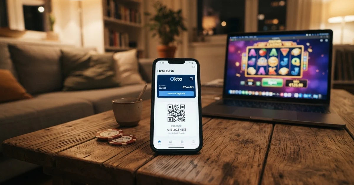 Okto Wallet App-Symbol und Okto Cash PayCode auf einem Smartphone-Display vor einem Casino-Spielbildschirm