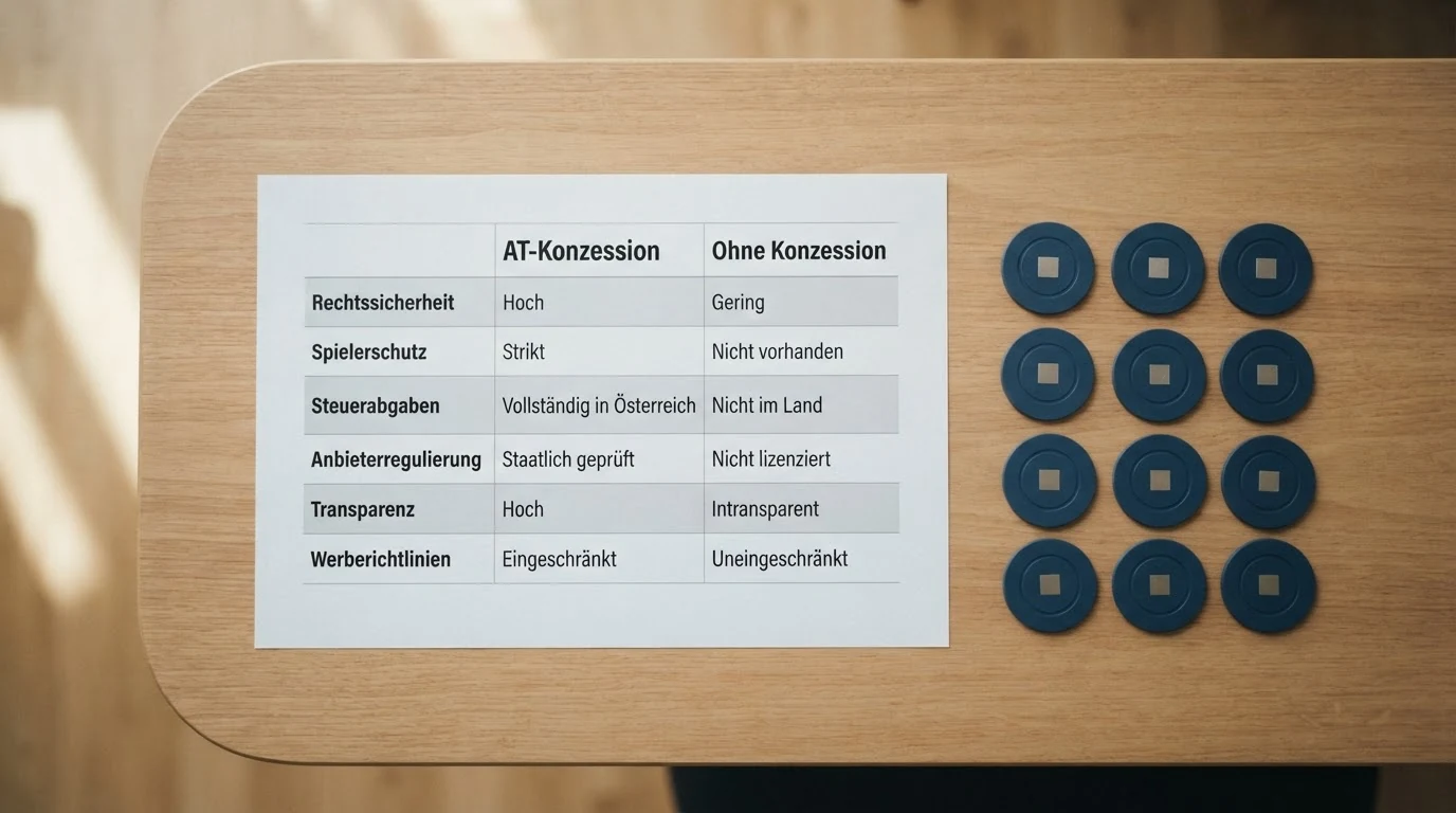 Übersichtsraster mit zehn Casino-Logos, farblich getrennt nach Lizenzstatus: eine Spalte AT-Konzession, neun Spalten ohne