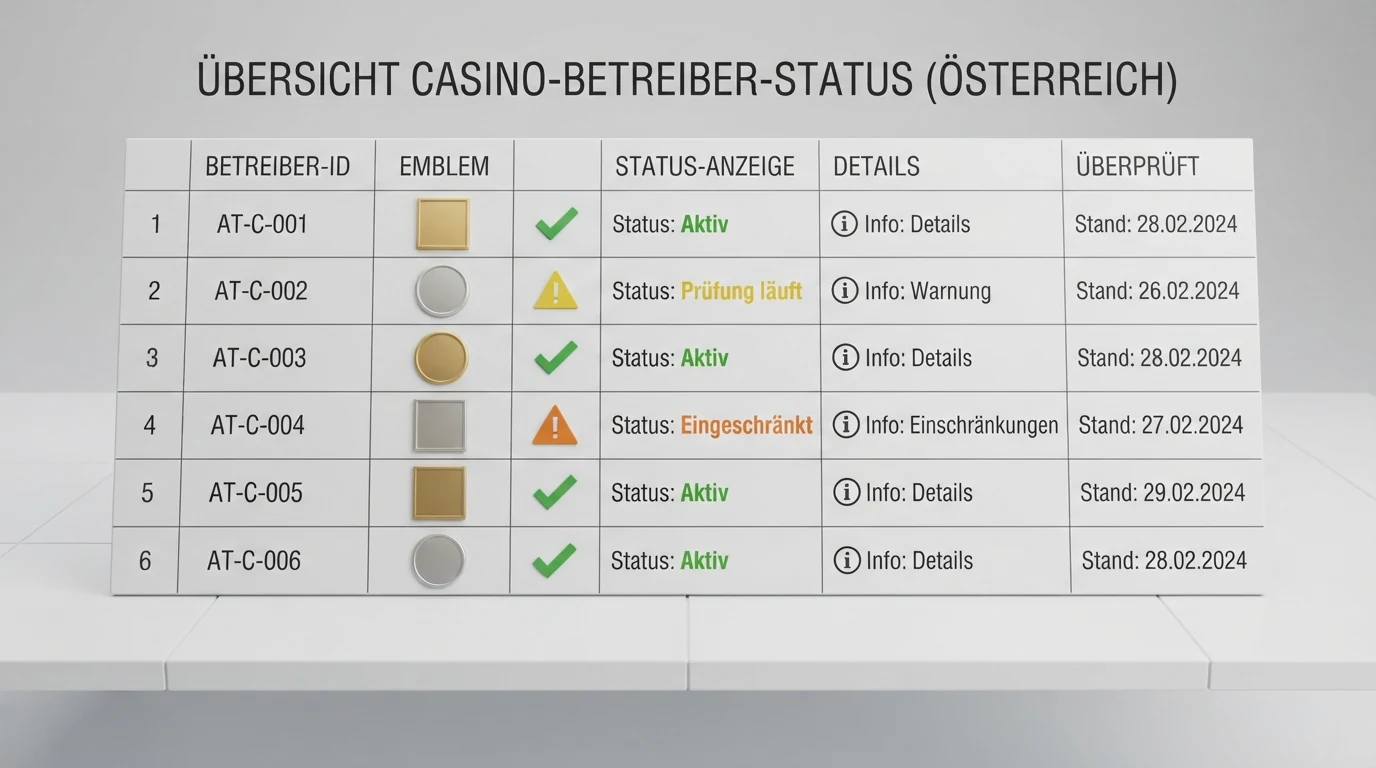 Eine Übersichtstabelle mit Casino-Logos und farblich markierten Status-Symbolen — grün für die AT-Konzession, gelb für EU-Lizenzen, orange für Offshore