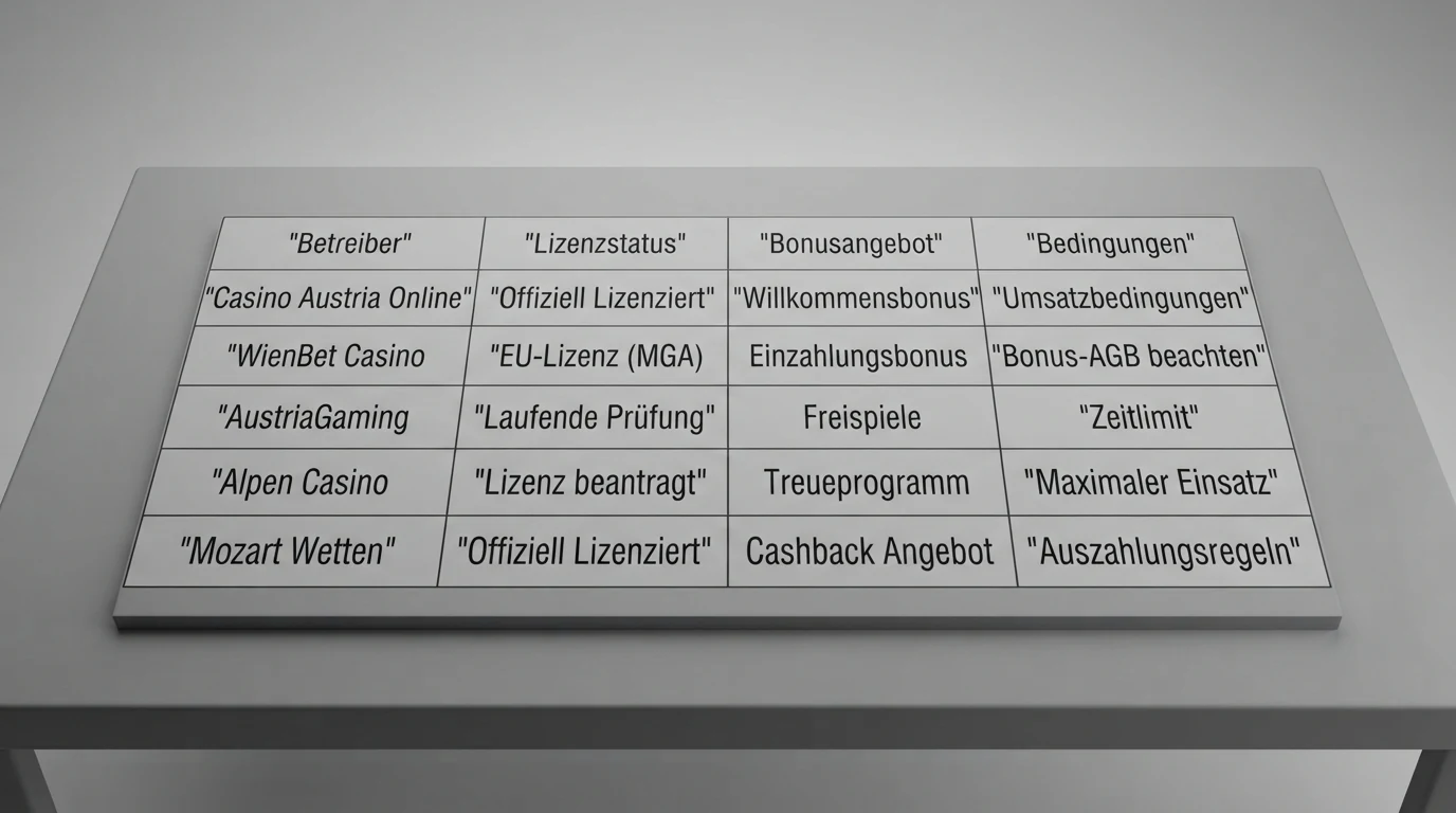 Eine farblich codierte Vergleichstabelle mit den 10 Betreibern, ihren Bonus-Angeboten und dem Konzessionsstatus