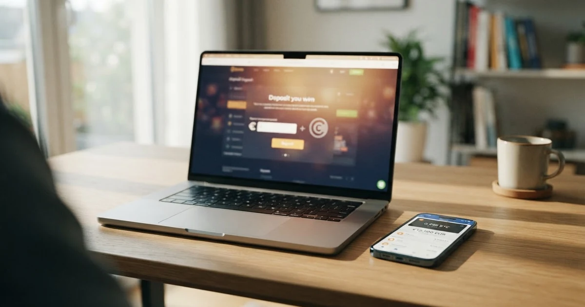 Eine Wallet-Anzeige mit Binance-Coin-Guthaben (BNB-Logo) neben einer geöffneten Casino-Webseite auf einem Laptop-Bildschirm, der die Einzahlungsseite mit „Jetzt einzahlen“ zeigt