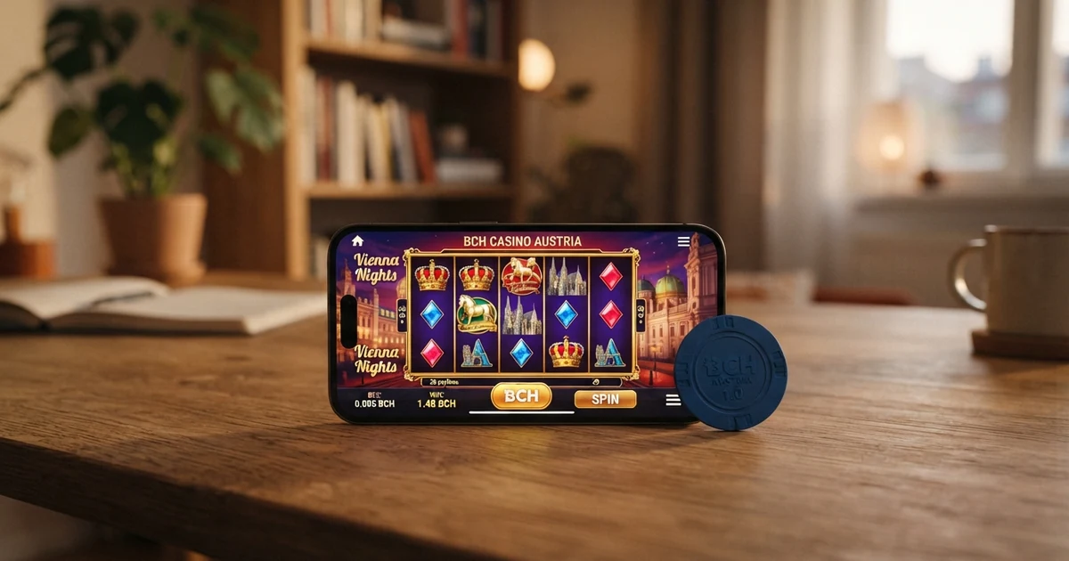 Bitcoin-Cash-Logo und Casino-Chips auf einem Bildschirm mit Übersicht der Vergleichskriterien