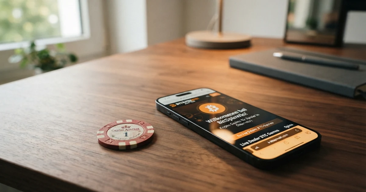 Bitcoin-Logo auf einem Smartphone-Bildschirm neben Casino-Chips — symbolisiert die Verbindung von Krypto und Casino