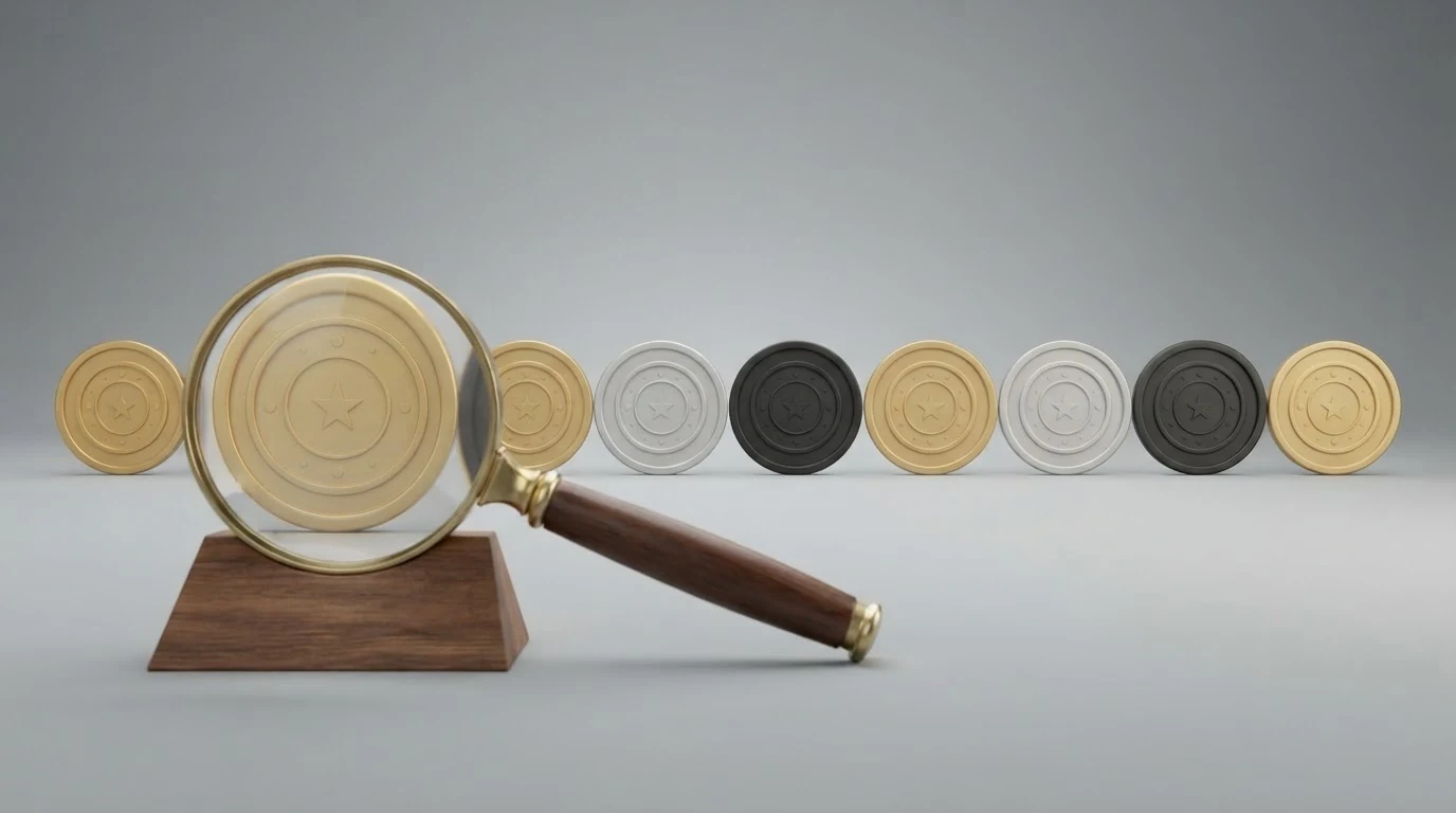Eine tabellarische Übersicht mit Casino-Logos nebeneinander, davor eine Lupe als Symbol für den detaillierten Anbietervergleich