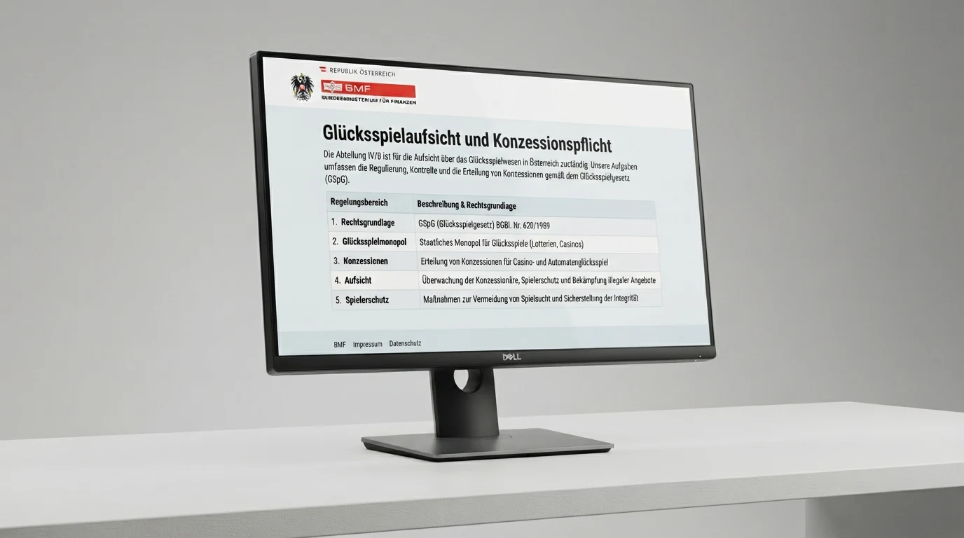 Ein Screenshot der BMF-Glücksspiel-Informationsseite mit Hinweis auf Konzessionspflicht und Spielerschutz
