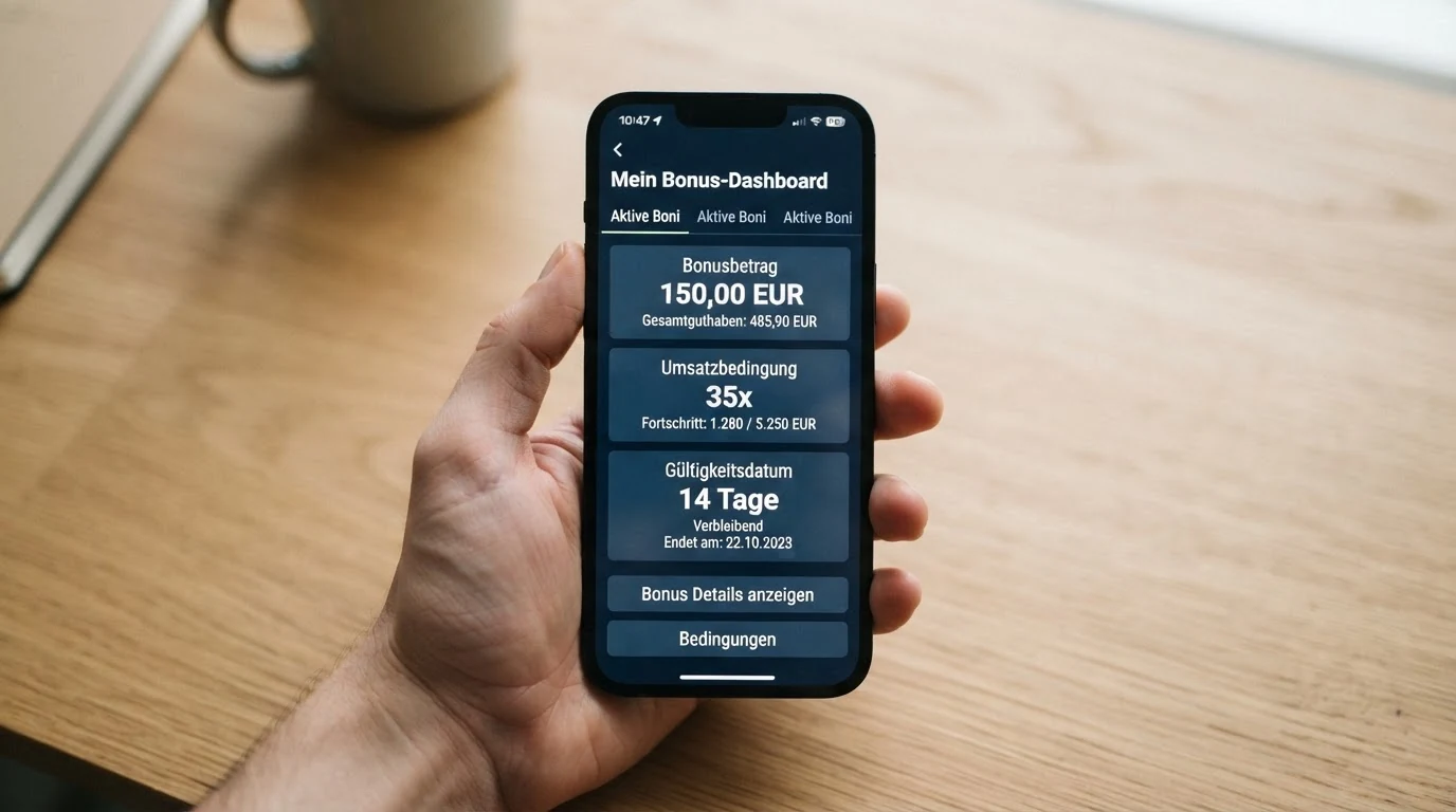 Ein auf einem Smartphone-Bildschirm geöffneter Bonusbereich eines Online-Casinos mit sichtbaren Feldern für Bonusbetrag, Umsatzbedingung und Gültigkeitsdatum