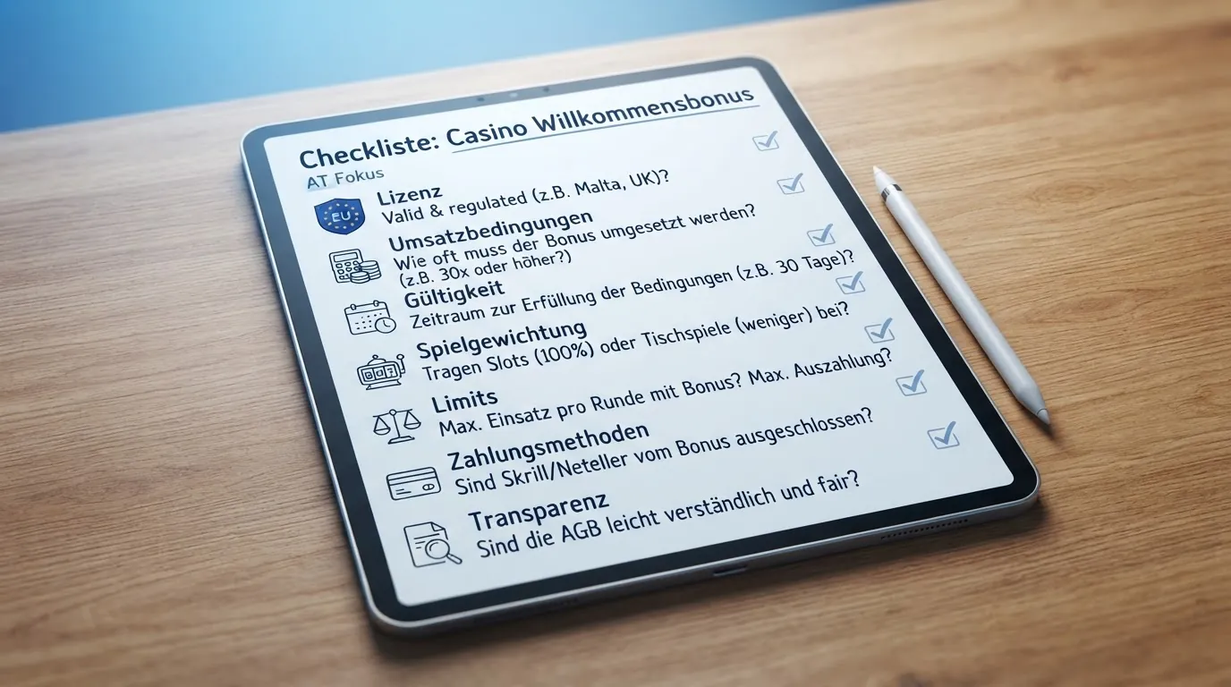 Eine Checkliste mit fünf prägnanten Prüfpunkten – Lizenz, Umsatzbedingungen, Gültigkeit, Spielgewichtung, Limits – als grafische Entscheidungshilfe