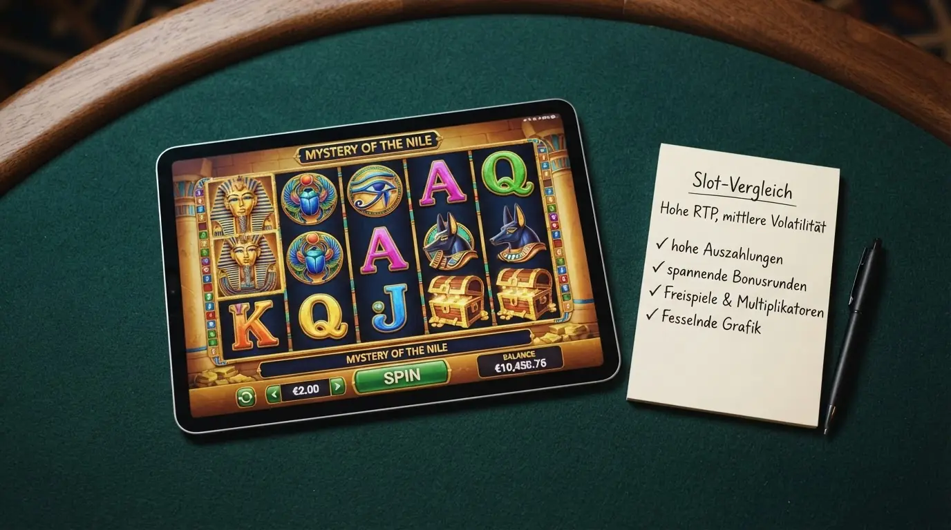 Eine Slot-Walze mit sichtbaren Gewinnsymbolen (Book of Dead-Motiv), daneben eine Tabelle mit RTP-Prozentwerten