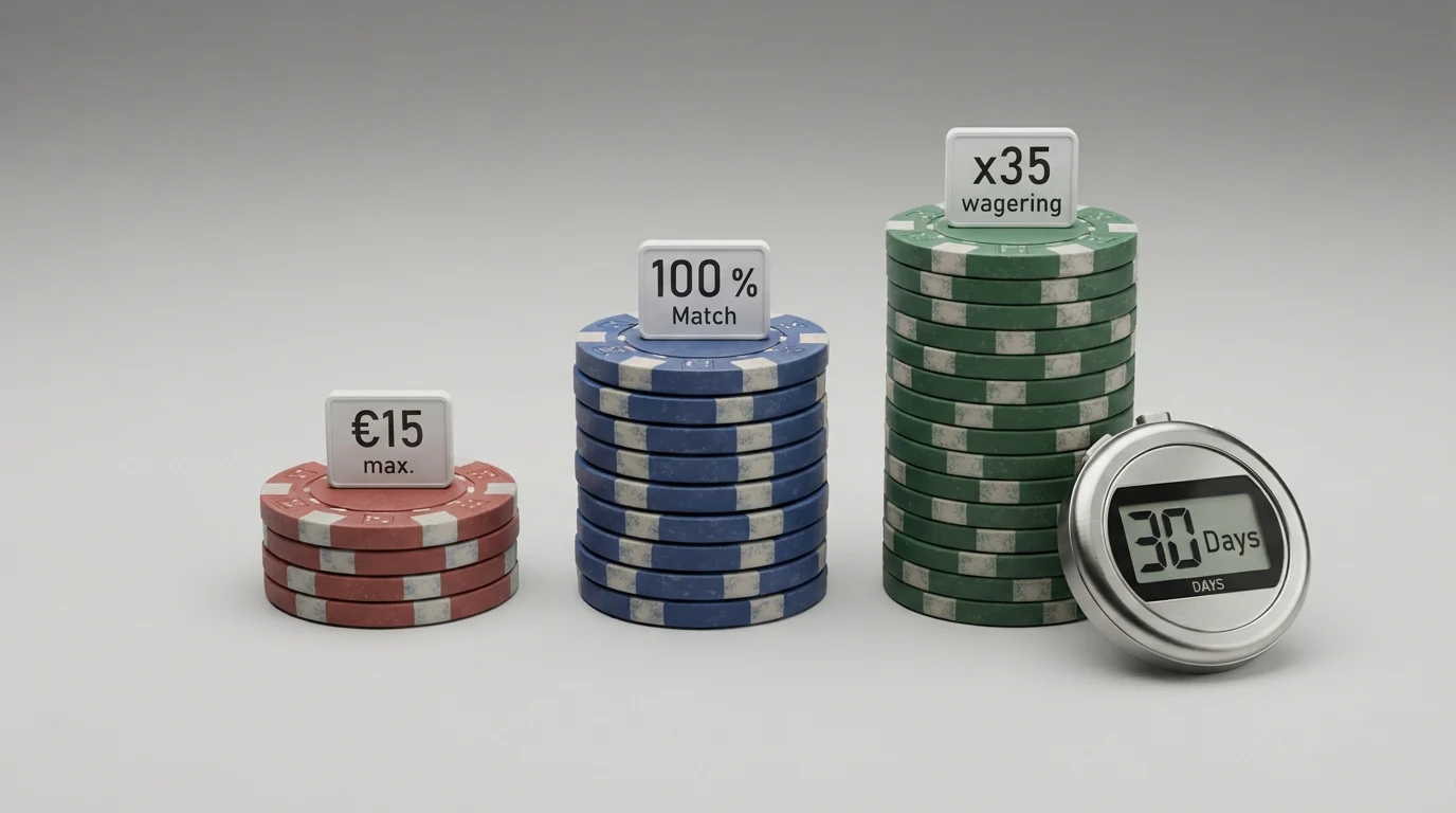 Drei Stapel Spielchips: ein kleiner mit „No-Deposit — €15 max“, ein mittlerer mit „Einzahlungsbonus — 100 % Match“, ein großer mit „Umsatzbedingungen — x35“. Daneben eine Stoppuhr.