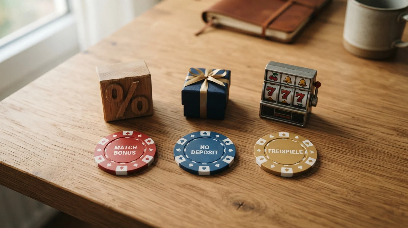 Drei grafisch unterschiedlich dargestellte Bonus-Typen: ein Match-Bonus mit Prozentzeichen, ein No-Deposit-Bonus als Geschenk-Symbol und ein Freispiel-Paket als Slot-Walze