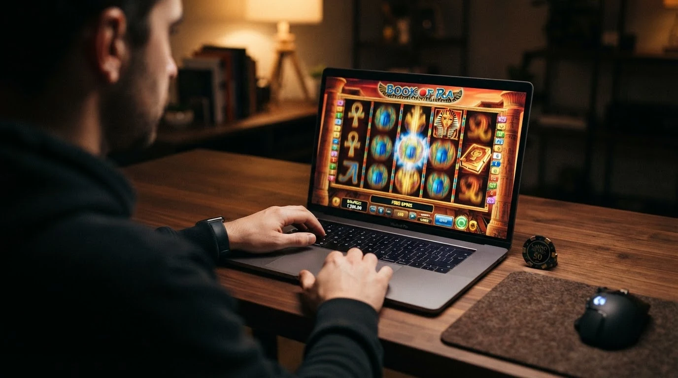 Der Spielbildschirm von Book of Dead mit den fünf Walzen, dem ägyptischen Dekor, dem sichtbaren Einsatzfeld und der hervorgehobenen Freispiel-Funktion