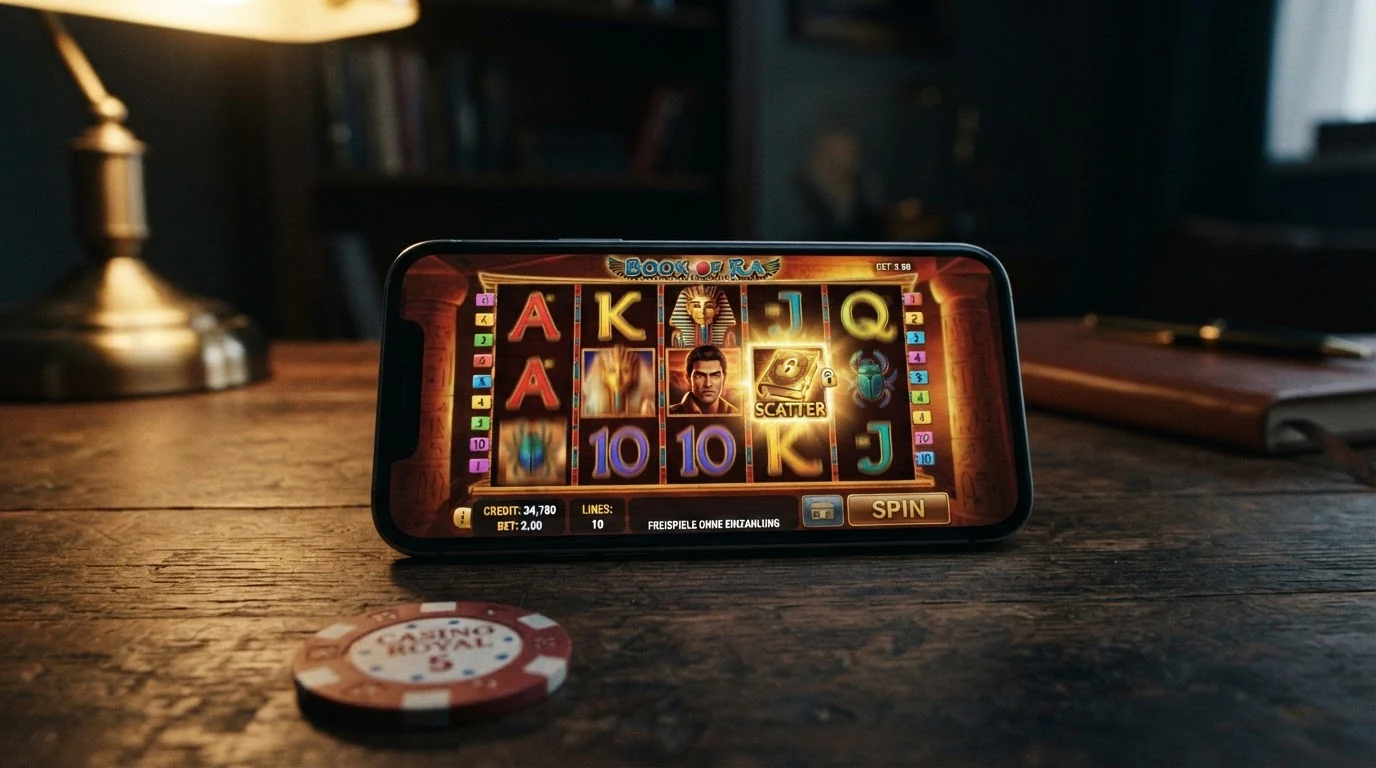 Der Spielautomat Book of Dead von Play'n GO auf einem Smartphone-Display, die Walzen zeigen ägyptische Hieroglyphen und das Freispiel-Symbol ist hervorgehoben — im Vordergrund eine durchgestrichene RTP-Angabe „84,25 %“ und eine grün markierte „96,21 %“