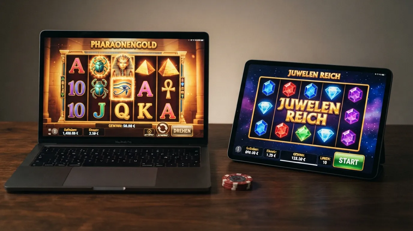 Eine Spielszene aus Book of Ra Deluxe mit den ikonischen ägyptischen Symbolen, daneben eine Starburst-Walze mit bunten Juwelen