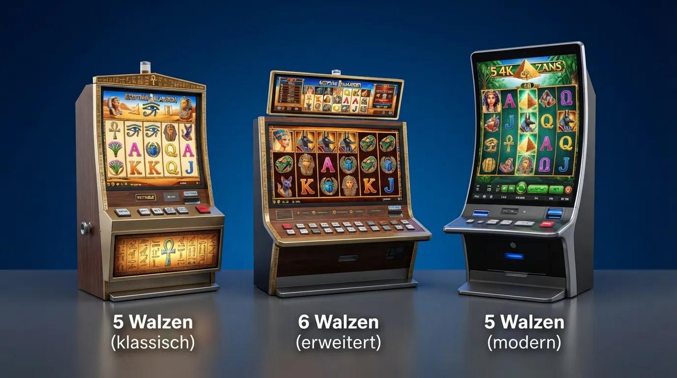 Drei Book-of-Ra-Spielautomaten-Varianten nebeneinander mit unterschiedlicher Walzenanzahl und Benutzeroberfläche