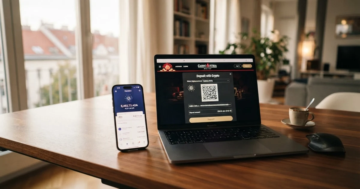 Eine Nahaufnahme eines Smartphone-Bildschirms mit einer Cardano-Wallet-App und dem ADA-Logo, daneben eine geöffnete Casino-Website mit Krypto-Einzahlungsoption