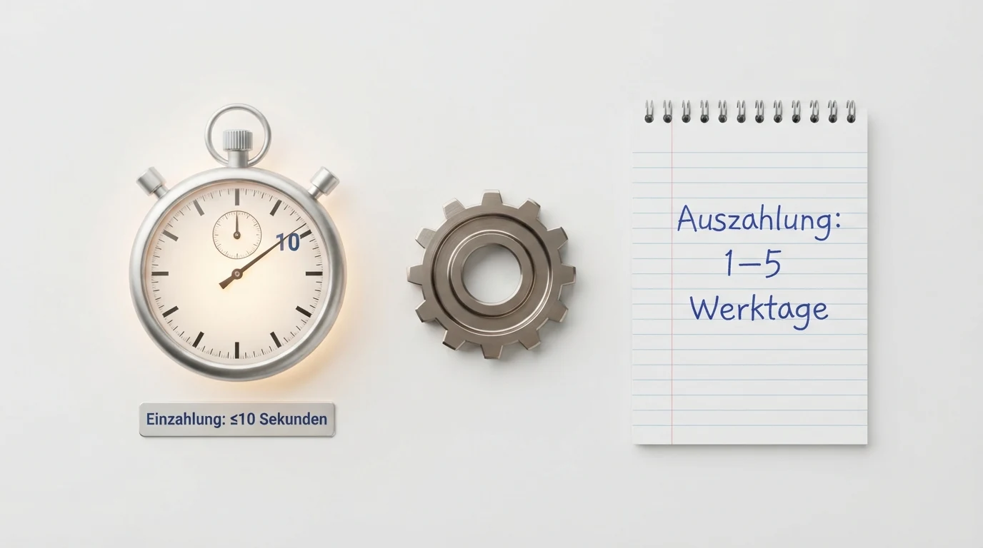Eine schematische Gegenüberstellung: links ein Stoppuhr-Symbol mit „Einzahlung: ≤10 Sekunden“, rechts ein Kalender-Symbol mit „Auszahlung: 1–5 Werktage“ und dazwischen ein Zahnrad als Symbol für die casino-interne Bearbeitung