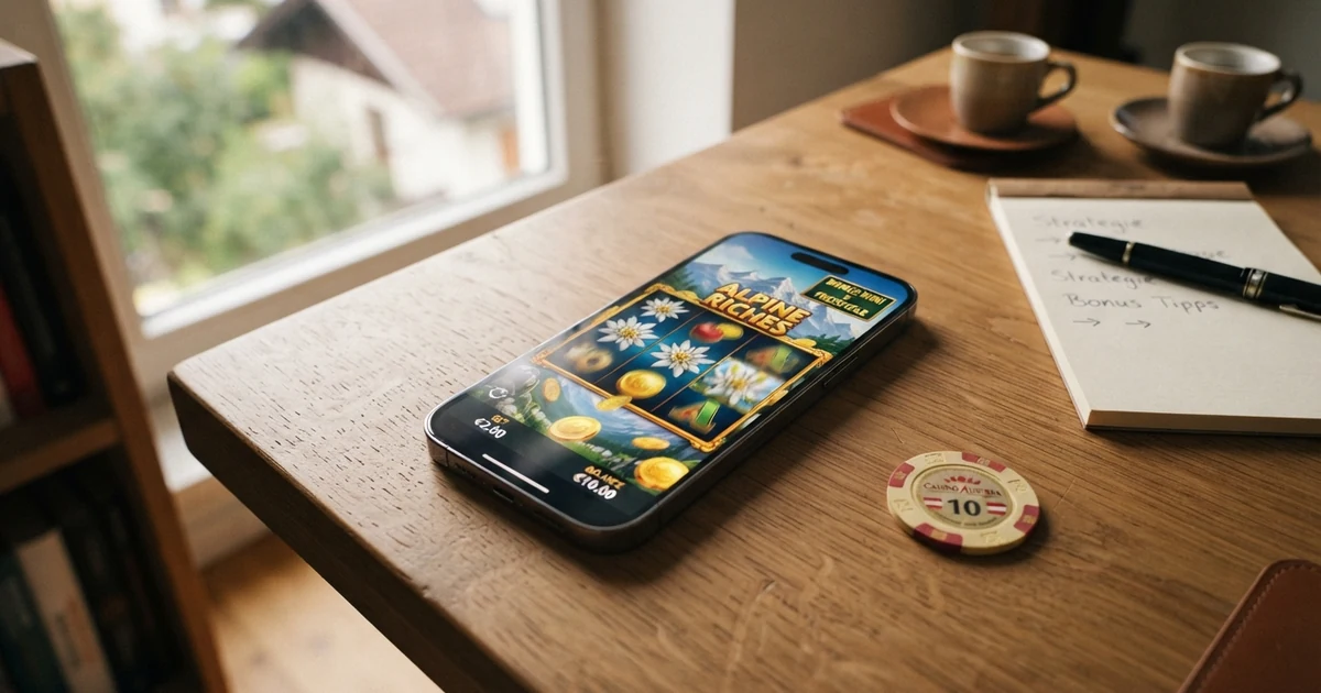 Ein geöffneter Laptop oder ein Smartphone mit einer Casino-Startseite, auf der ein Willkommensbonus-Angebot ohne Einzahlung beworben wird — im Vordergrund sind die Bonus-Konditionen (Umsatzbedingungen, Auszahlungslimit) hervorgehoben oder eingekreist