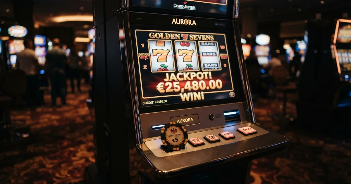 Nahaufnahme eines Spielautomaten mit leuchtenden Walzen, Gewinnsymbolen und digitaler Jackpot-Anzeige in einer gedimmten Casino-Umgebung
