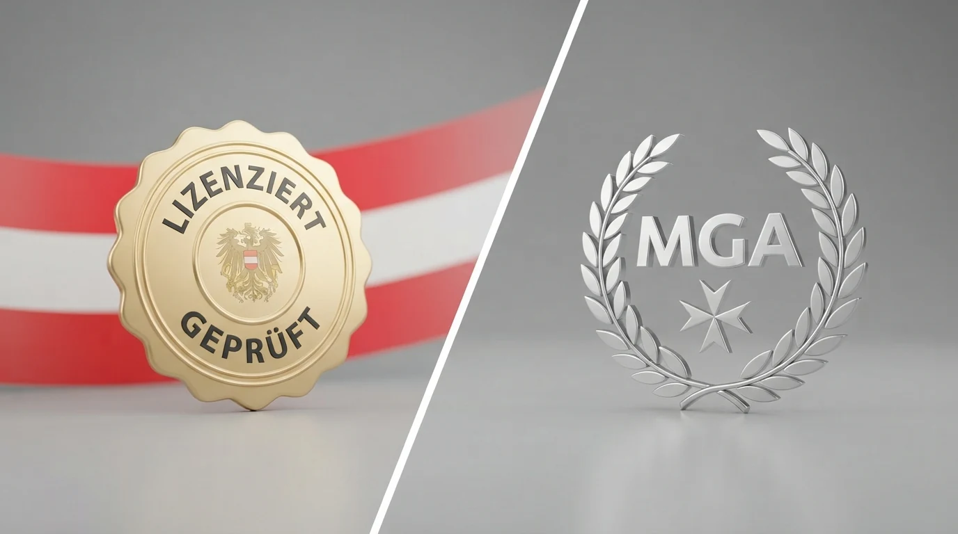 Ein stilisiertes Zertifikat oder Siegel mit der Aufschrift „BMF-Konzession“ im Vergleich zu einem MGA-Lizenz-Symbol