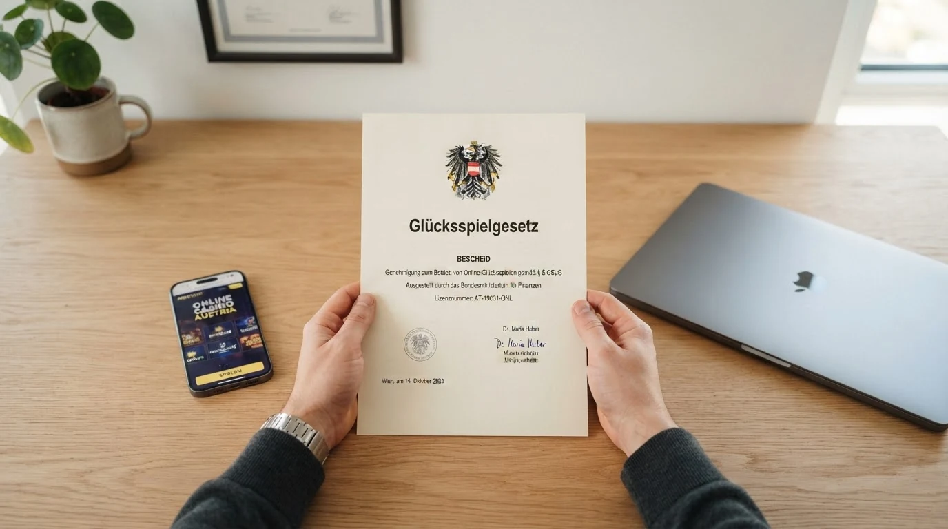 Ein offiziell wirkendes Dokument mit österreichischem Hoheitsadler und dem Schriftzug „Glücksspielgesetz“, daneben ein Computerbildschirm mit einer Casino-Startseite.
