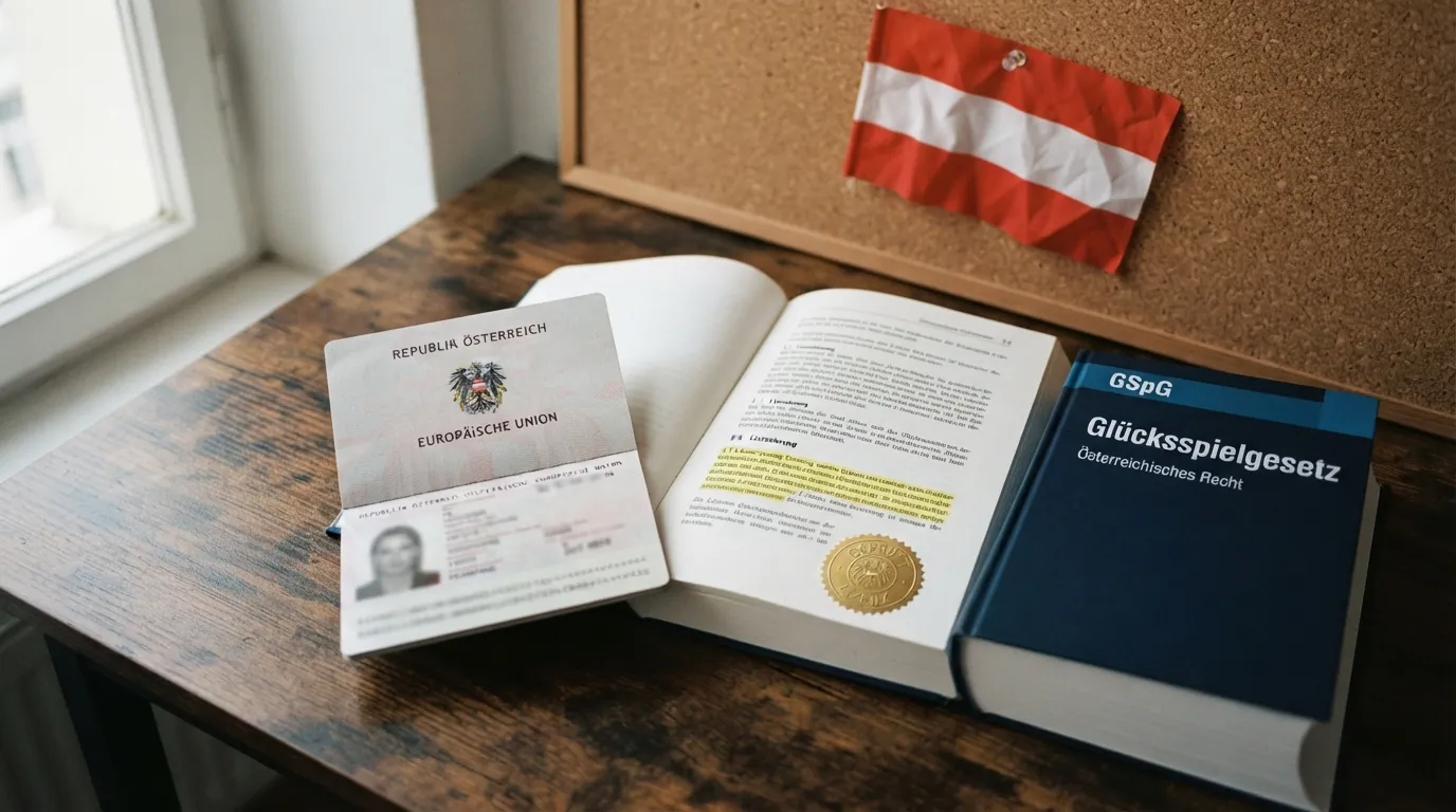Ein österreichischer Reisepass liegt neben einem aufgeschlagenen Gesetzbuch mit dem Titel „Glücksspielgesetz“, im Hintergrund eine stilisierte Darstellung der österreichischen Flagge