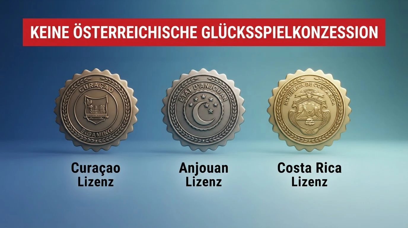 Eine Übersichtsgrafik mit Lizenzsymbolen (Curaçao, Anjouan, Costa Rica) und dem Hinweis „Keine österreichische Konzession“