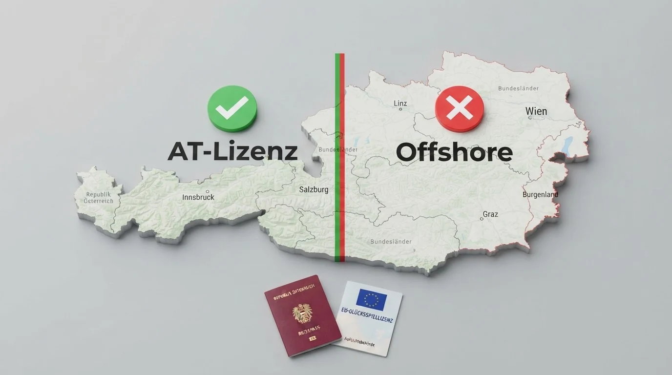 Eine Übersichtskarte von Österreich mit Markierungen für lizenzierte und nicht-lizenzierte Casino-Anbieter, getrennt durch eine farbige Linie
