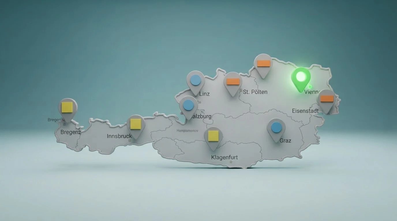 Eine stilisierte Österreich-Karte mit einem grünen Marker für den lizenzierten Anbieter und neun grauen Markern für die nicht-lizenzierten Betreiber, darunter die Logos der zehn verglichenen Marken