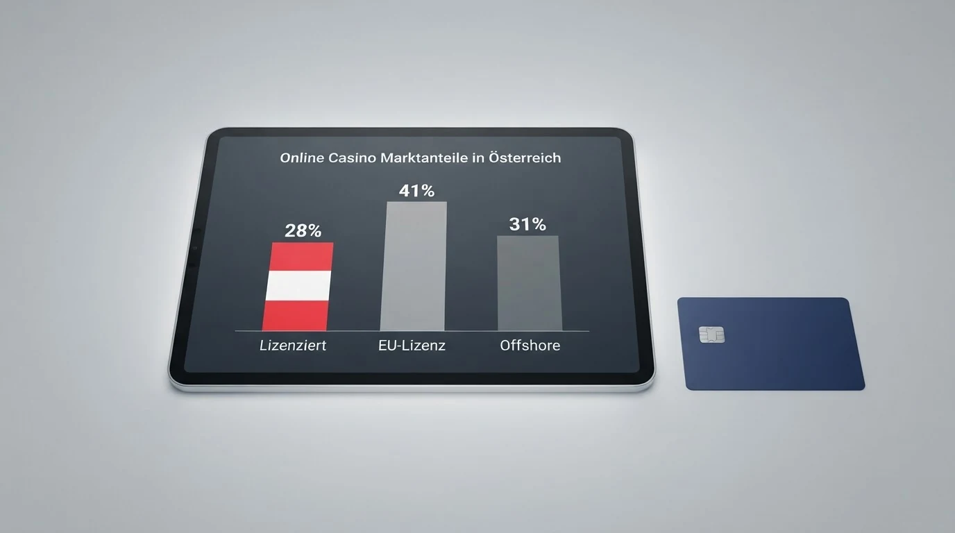 Tabellarische Gegenüberstellung der zehn bewerteten Online Casinos mit farblicher Kennzeichnung des Lizenzstatus in Österreich