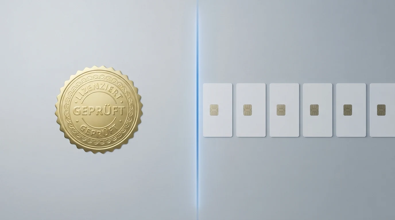 Eine Übersichtsgrafik mit zehn Casino-Logos in zwei farblich getrennten Gruppen: ein Logo auf der „Lizenziert in Österreich“-Seite, neun auf der „Nicht AT-konzessioniert“-Seite