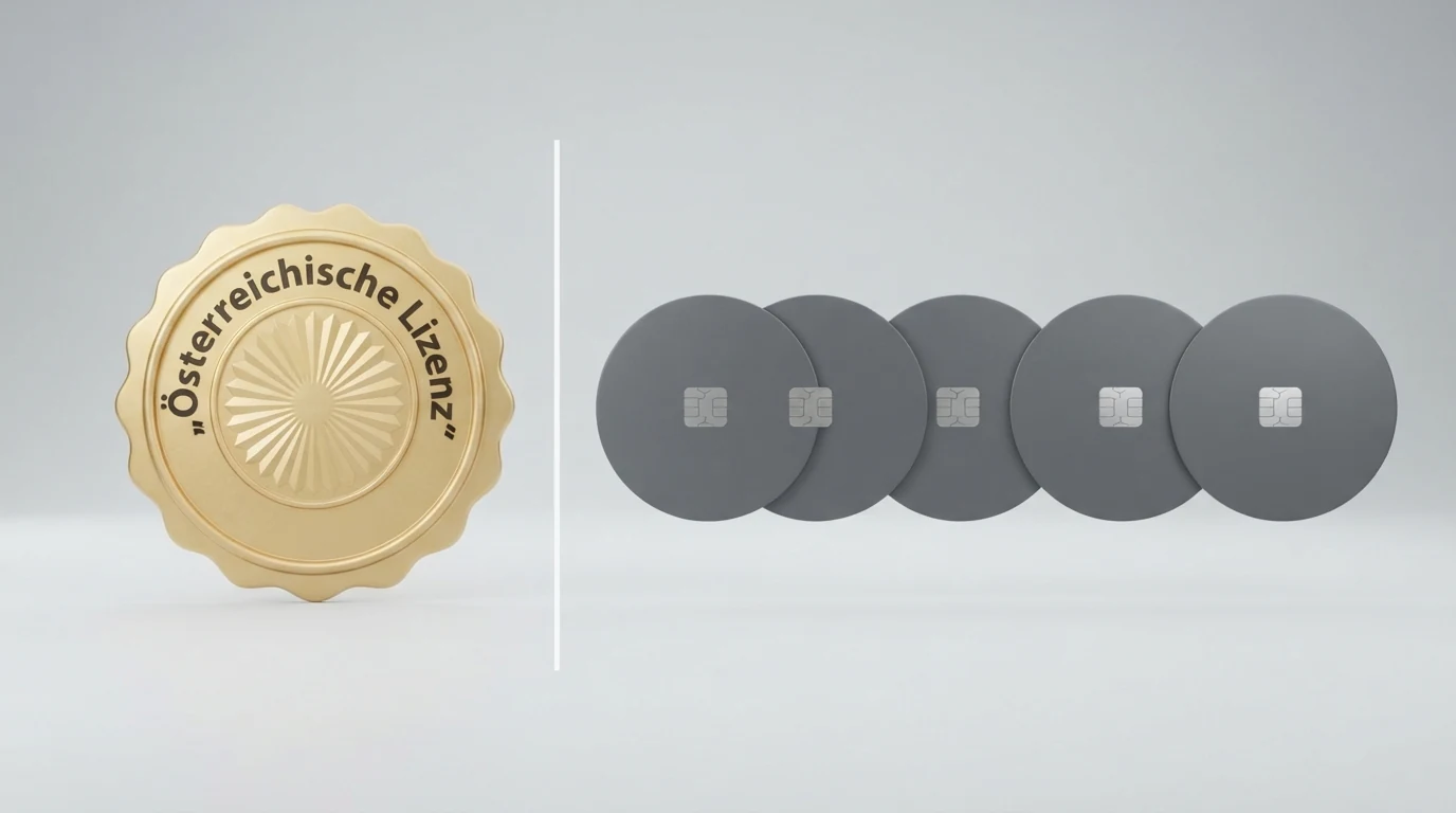 Eine Nebeneinanderstellung von Casino-Logos, geteilt durch eine vertikale Linie: links das win2day-Logo unter der Überschrift „Österreichische Konzession“, rechts mehrere internationale Casino-Logos unter „Ohne AT-Konzession“