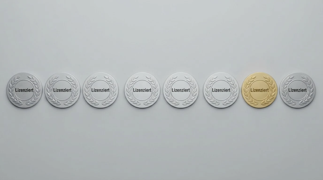 Zehn Casino-Logos in einer Vergleichstabelle nebeneinander eines davon mit einem grünen Haken und der Kennzeichnung „AT-Konzession“ die übrigen neun mit einer roten Markierung und „Nicht in AT lizenziert“