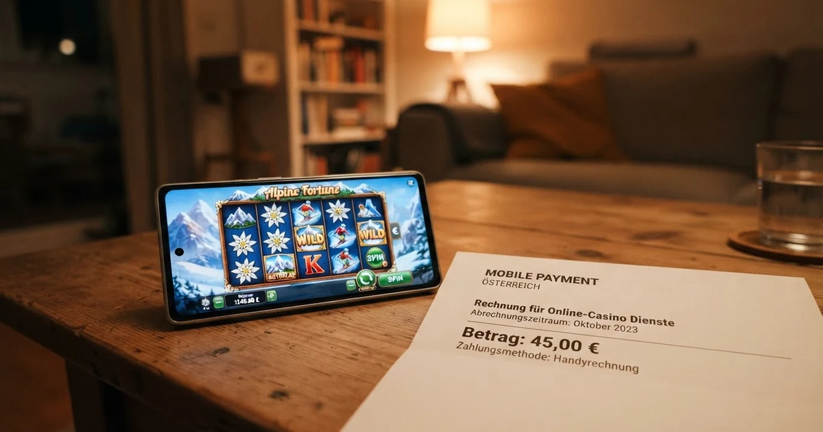 Ein Smartphone mit geöffneter Casino-App und dem Magenta-Telekom-Logo auf dem Bildschirm, daneben eine aufgeschlagene Handyrechnung