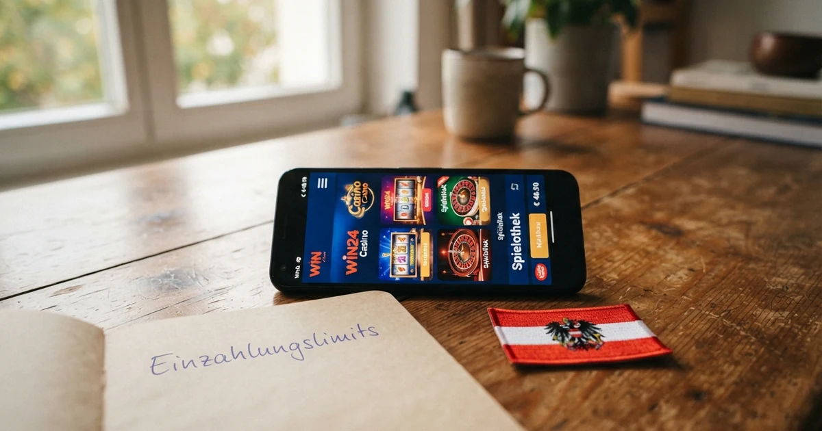 Smartphone mit geöffneter Casino-Startseite, im Vordergrund ein Hinweis auf Einzahlungslimits, österreichische Flagge als Standortmarker