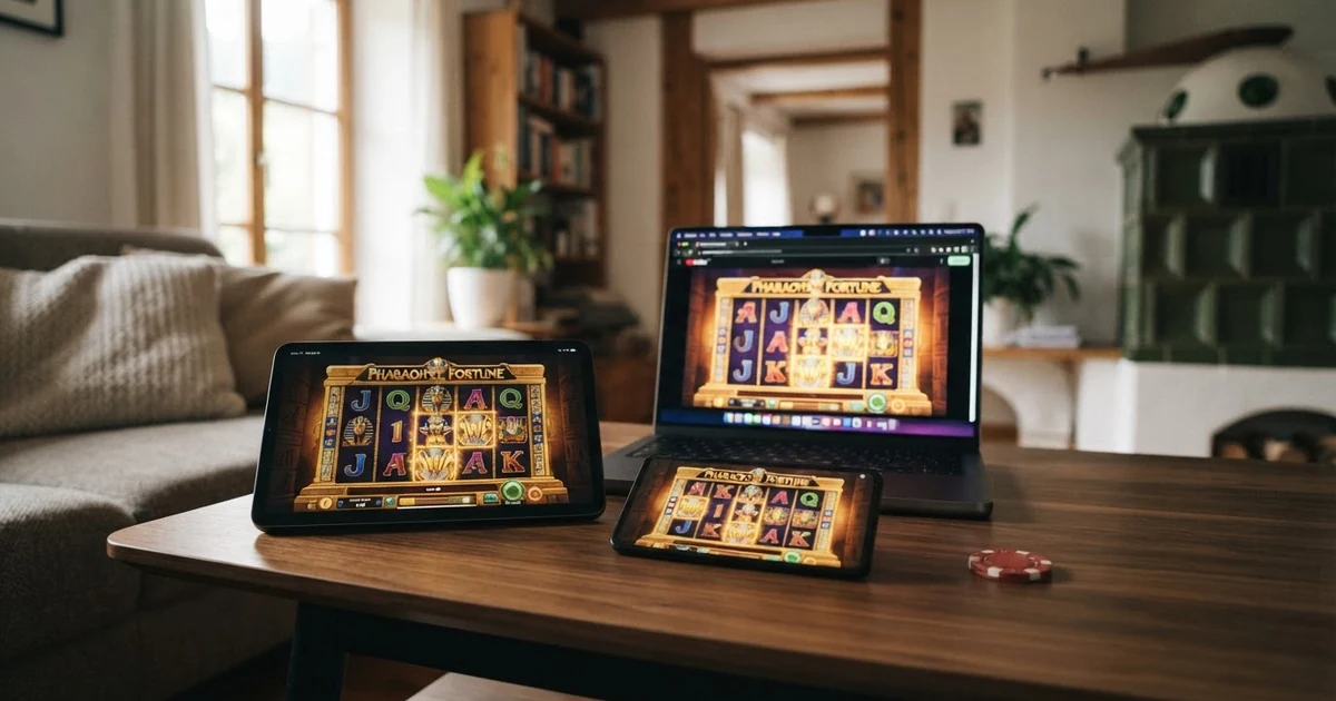 Browser-Fenster mit geöffnetem Gratis-Casino-Slot, ein Smartphone und ein Tablet zeigen dasselbe Spiel – kein Login-Fenster sichtbar