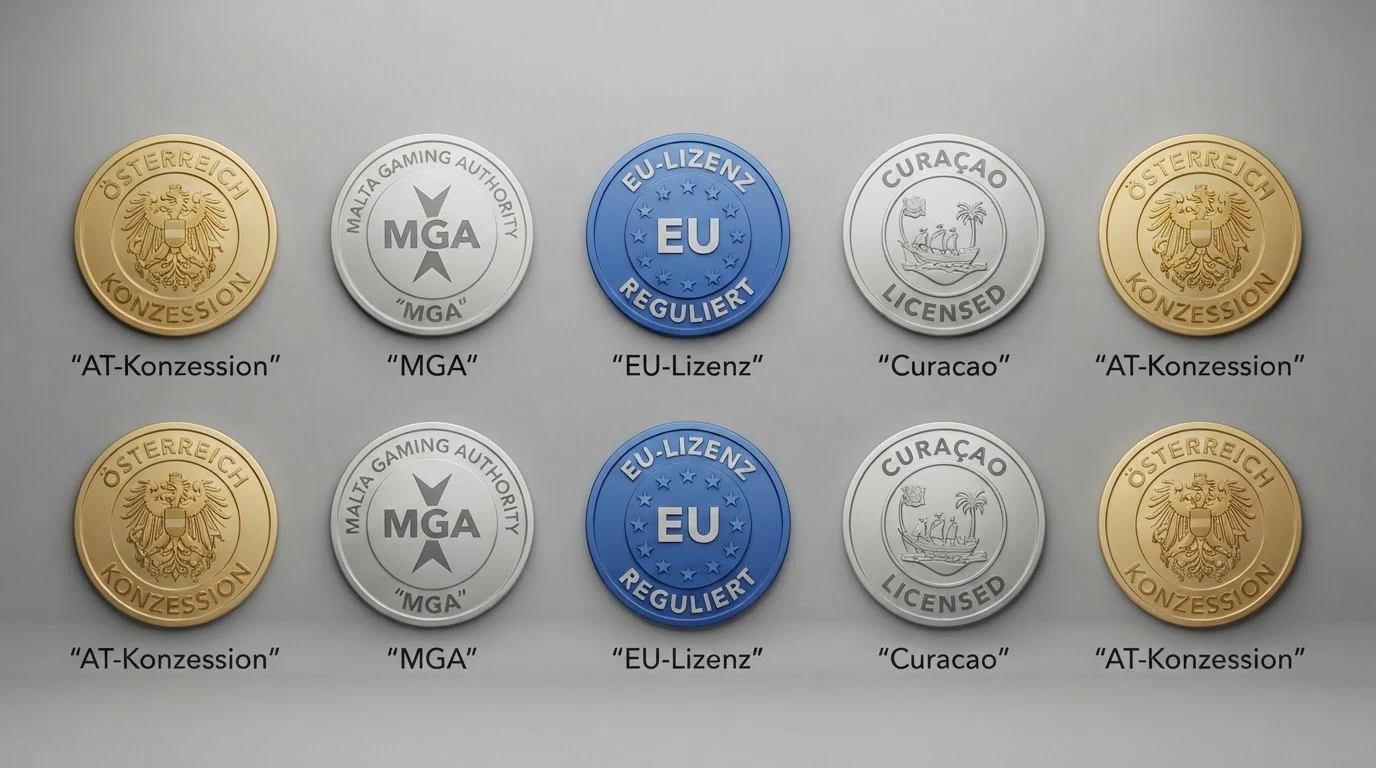 Eine Übersichtstabelle mit Casino-Logos, farblich gruppiert nach Lizenztyp: AT-Konzession, EU-Lizenz, MGA, Curacao