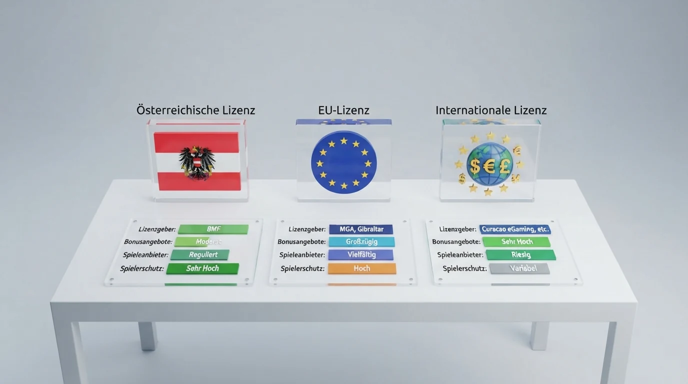Eine Tabelle mit Casino-Namen, Lizenzstatus und Bonusangaben, sortiert nach AT-Konzession und EU-Lizenz