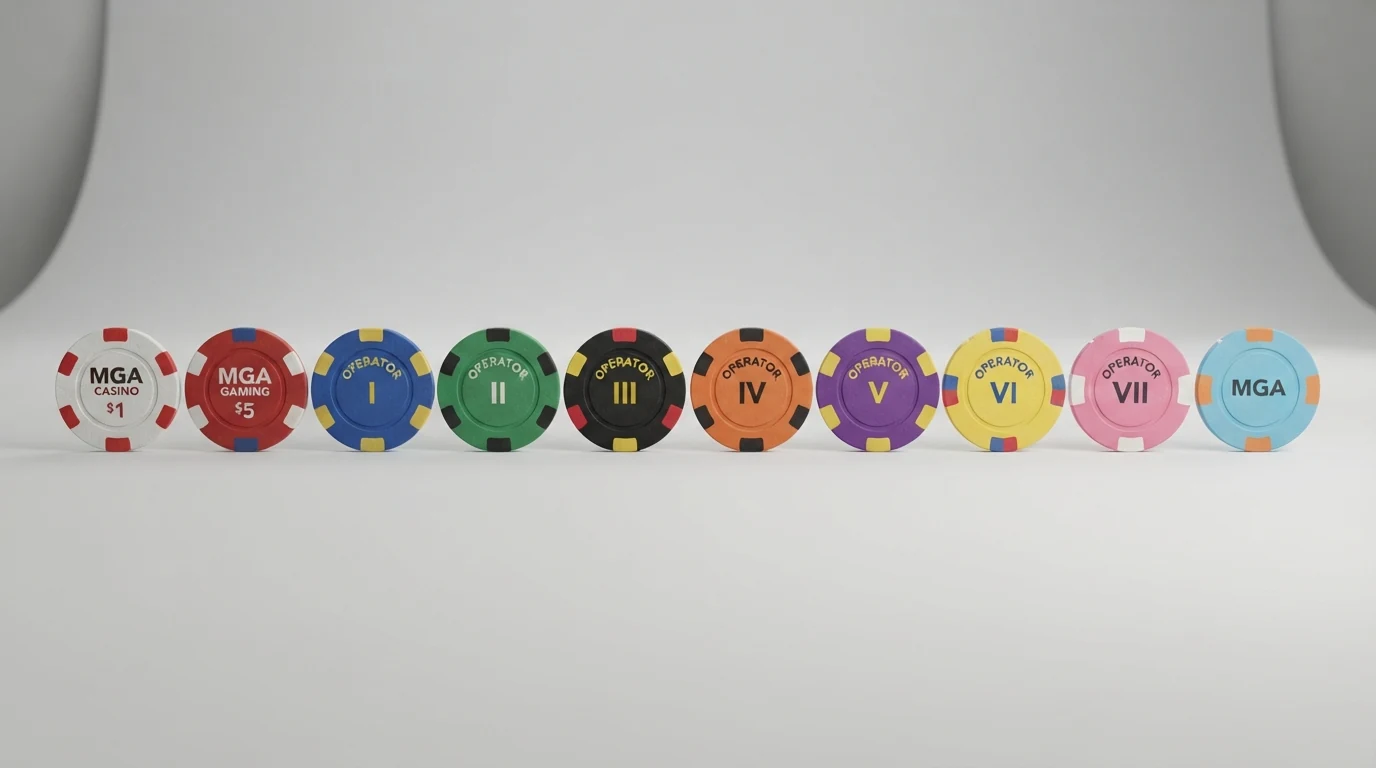 Zehn Casino-Logos in einer Zeile nebeneinander aufgereiht, darunter eine tabellarische Übersicht mit Lizenzstatus