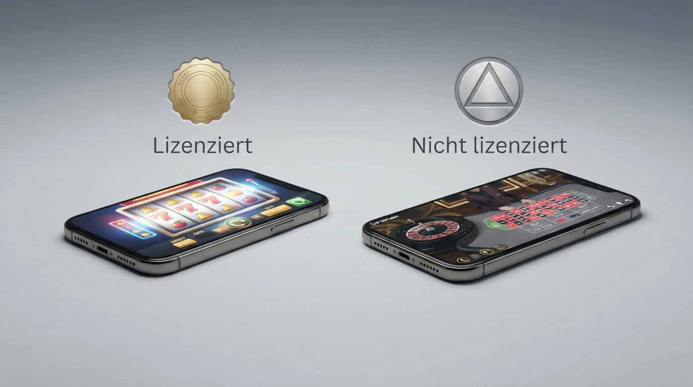 Eine übersichtliche Vergleichstabelle mit Casino-Logos oder -Namen in Zeilen und Bewertungskriterien wie Lizenz, Bonus-Angebot und Umsatzbedingungen in Spalten