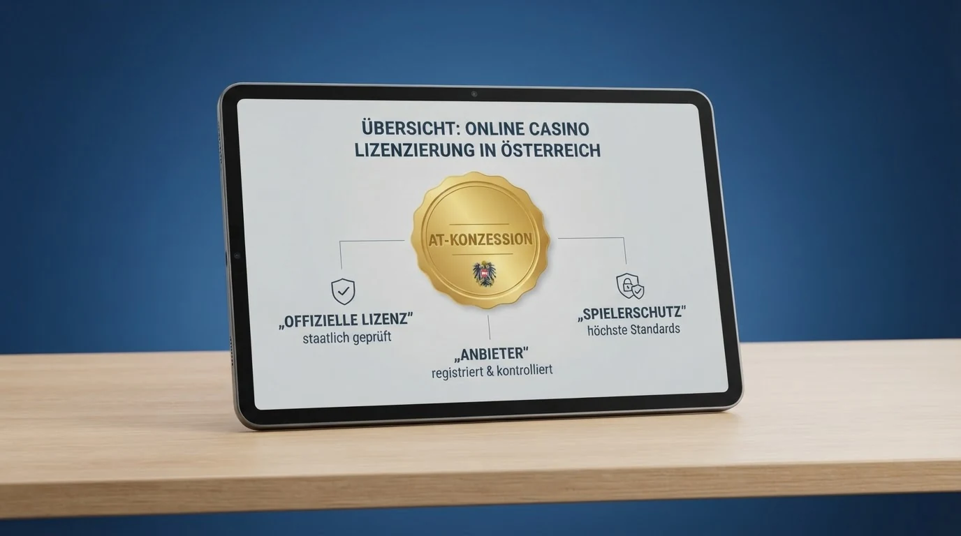 Übersichtstabelle mit Namen und Lizenzkennzeichen von zehn Online-Casinos, eine Zeile mit dem Schriftzug „AT-Konzession“ hervorgehoben