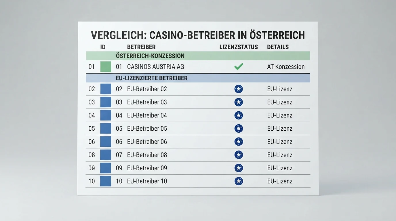 Zehn Casino-Logos in einer übersichtlichen tabellarischen Anordnung, farblich gruppiert nach Lizenzstatus: ein Logo mit grünem Haken (AT-Konzession), neun mit blauem EU-Stern.