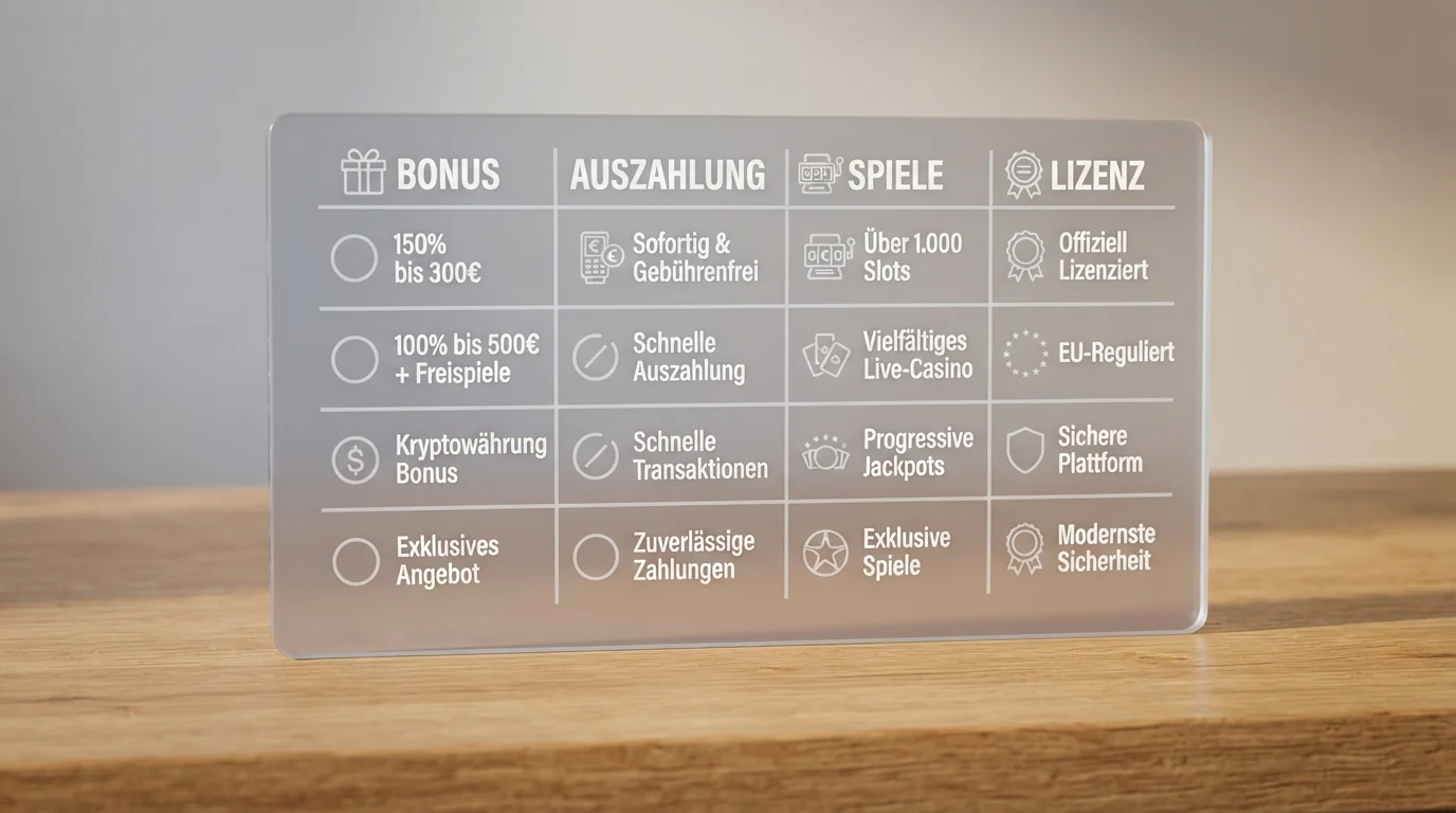 Eine tabellarische Übersicht mit Casino-Logos und nebeneinander aufgereihten Kennzahlen — Bonus-Prozentsätze, Freispiele, Auszahlungszeiten — als stilisierte Vergleichsgrafik