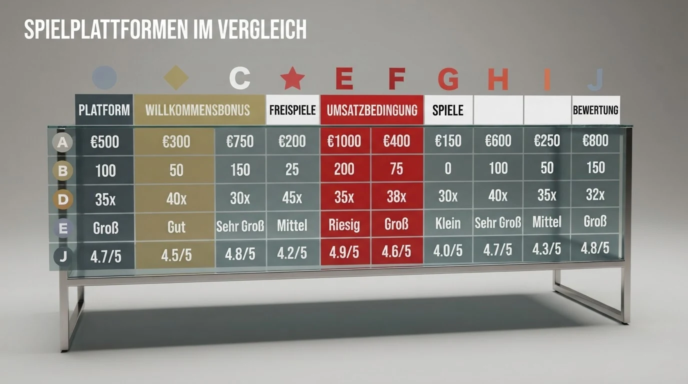 Vergleichstabelle mit Casino-Logos, Bonus-Prozentsätzen und farblich abgesetzten Umsatzbedingungen