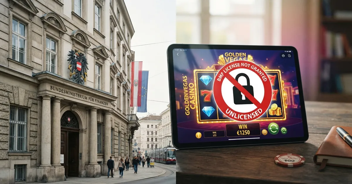Zwei Bildhälften: links das offizielle BMF-Gebäude mit dem österreichischen Staatswappen, rechts eine stilisierte Casino-Oberfläche mit einem durchgestrichenen Schloss-Symbol für nicht-lizenzierte Anbieter