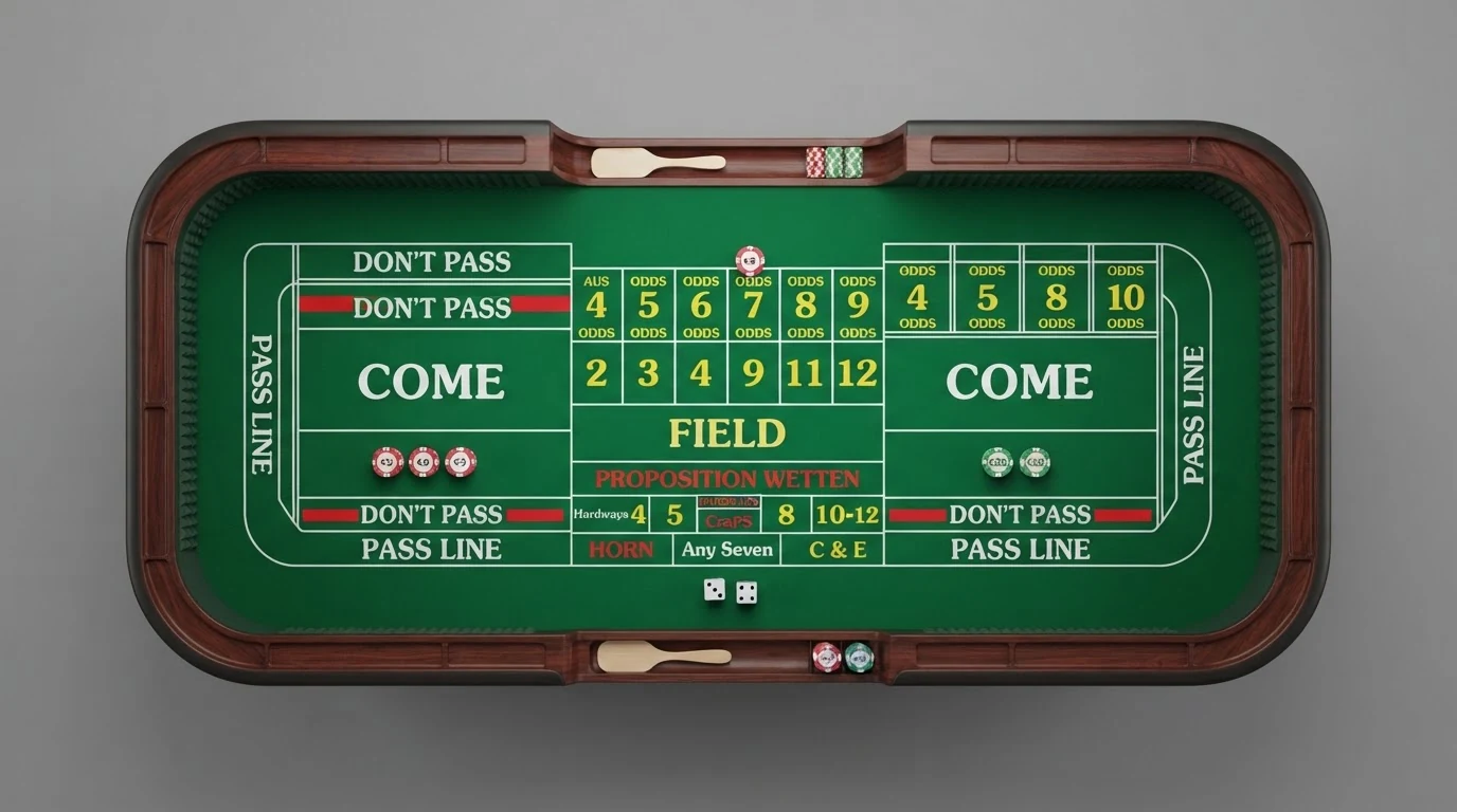 Aufsicht auf ein Craps-Tischlayout mit deutlich markierten Wettfeldern für Pass Line, Don't Pass, Come, Odds und Field-Wetten