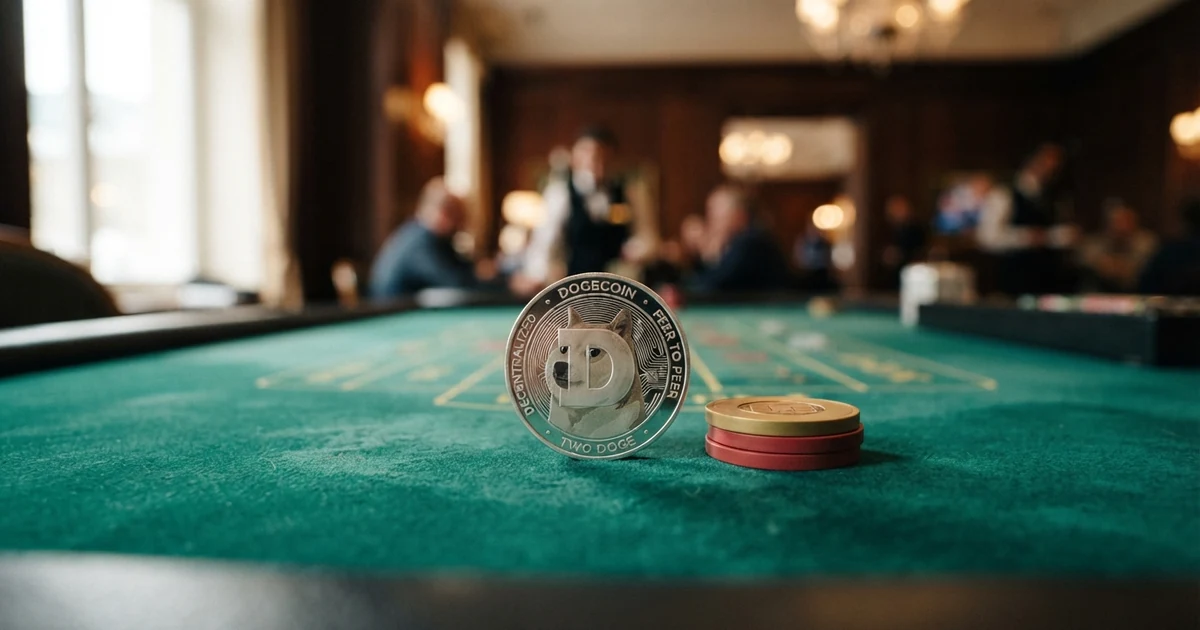 Dogecoin-Münze auf einem Casino-Spieltisch mit Chip-Stapeln im Hintergrund